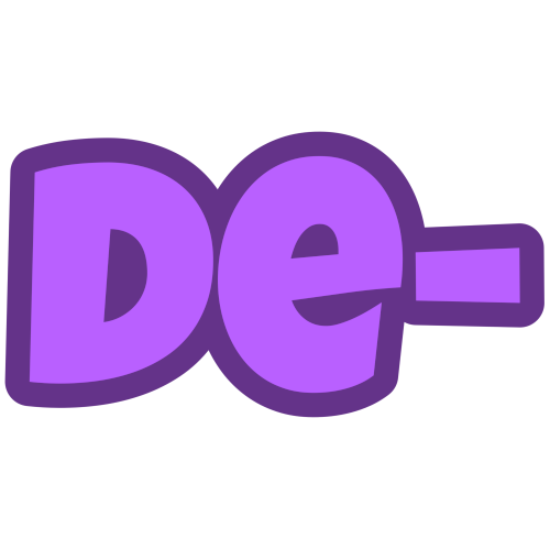 'de-' in purple letters with a darker purple outline.